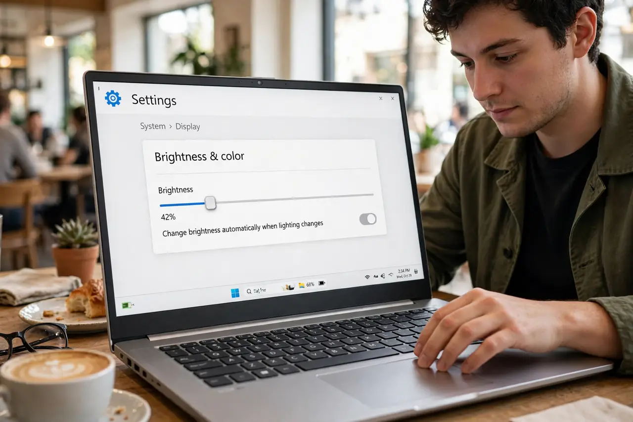 Photoreal photo of a person performing the first step: Lower the screen brightness. The display is the hungriest component — dropping from 100% to 60-70% brightness can add an hour or more. This single cha...