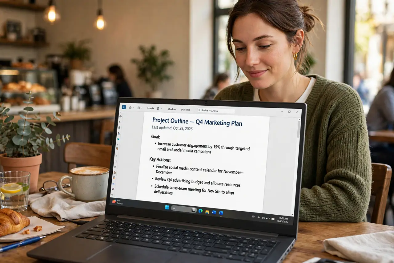Photoreal photo: a person working on a real laptop unplugged at a café table, the screen showing a document with legible text and a visible battery indicator, the person's face content, warm café light. No black screen, 