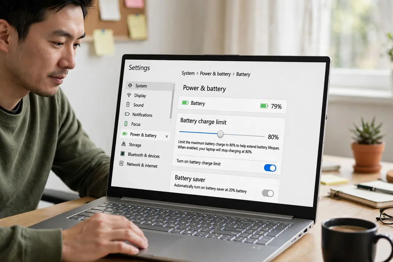 Photoreal photo of a person performing the first step: Find the setting. Look in your battery settings — Windows makers call it Battery Care, Lenovo Vantage, MyASUS, or similar; Macs have Optimized Chargin...