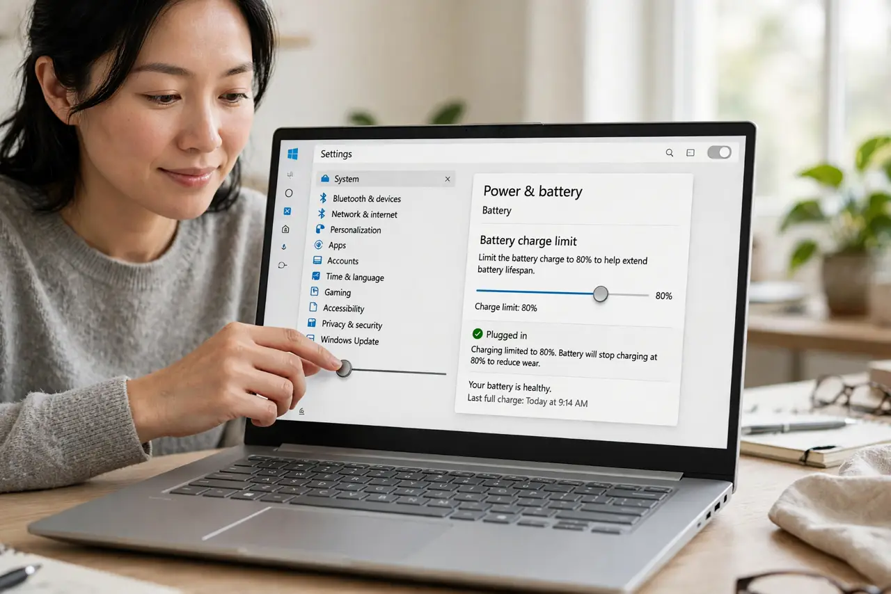 Photoreal photo: a person adjusting battery settings on a real laptop screen showing a charge limit slider set to 80% with legible text, the person's face calm, home office. No black screen, no blank white screen, no fak