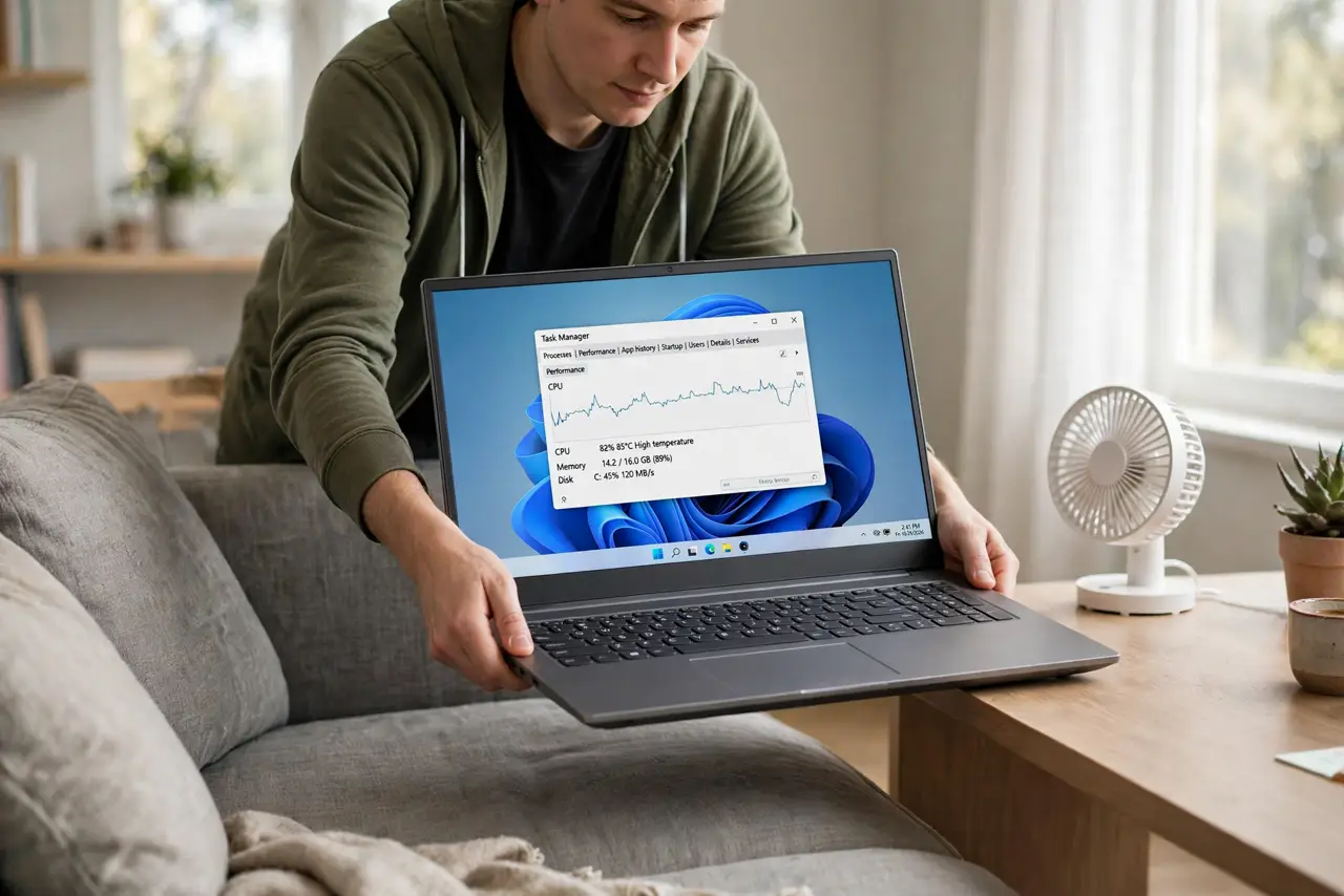 Photoreal photo of a person performing the first step: Get it off soft surfaces. Beds, couches, and laps smother the intake vents underneath. A hard, flat desk is the single biggest cooling upgrade — free ...