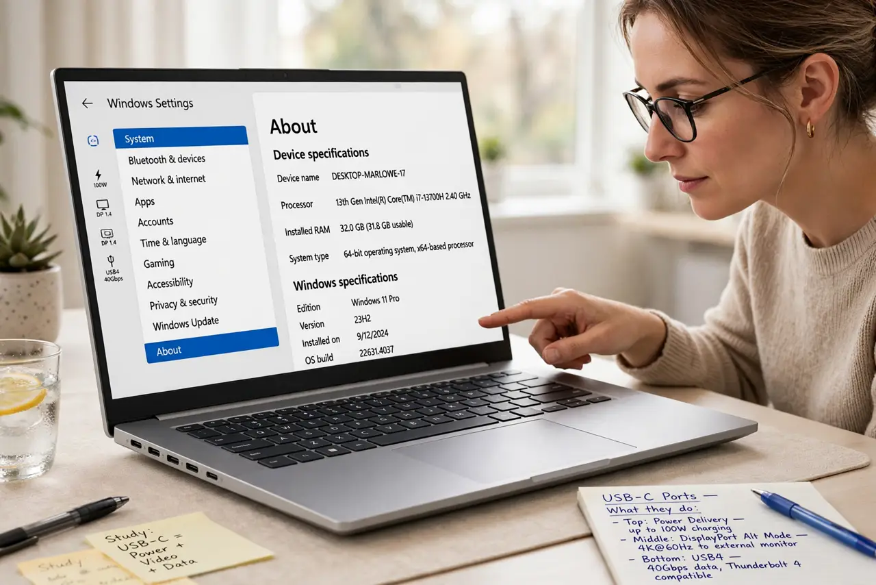 Photoreal photo of a person performing the first step: Learn the USB-C lottery. USB-C is a shape, not a capability. A port might do data only, data plus video, or everything including charging. Your laptop...