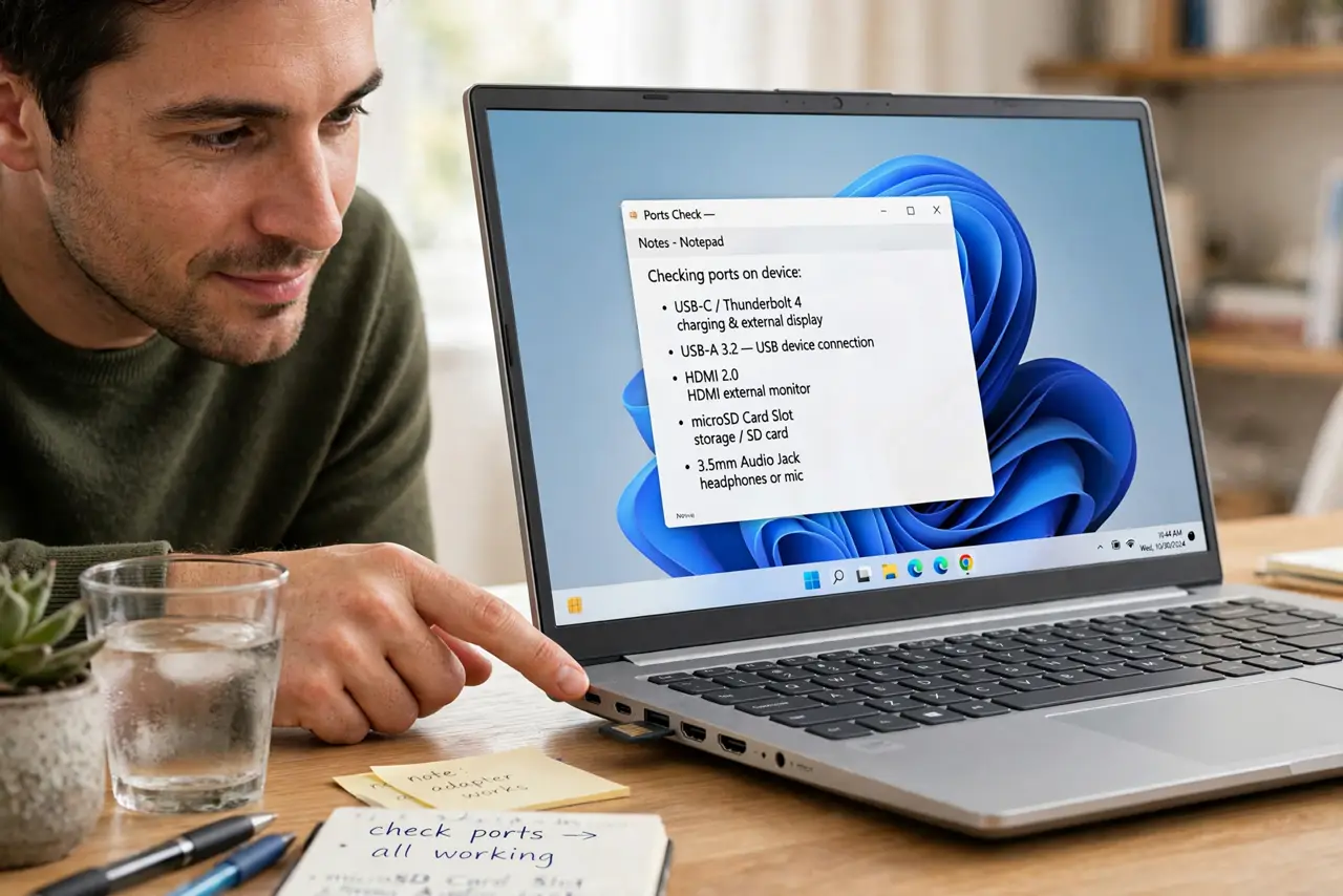 Photoreal photo: a person inspecting the side of a real laptop showing several ports with a finger pointing at them, the ports clearly visible, the person's face curious, bright desk. No black screen, no blank white scre