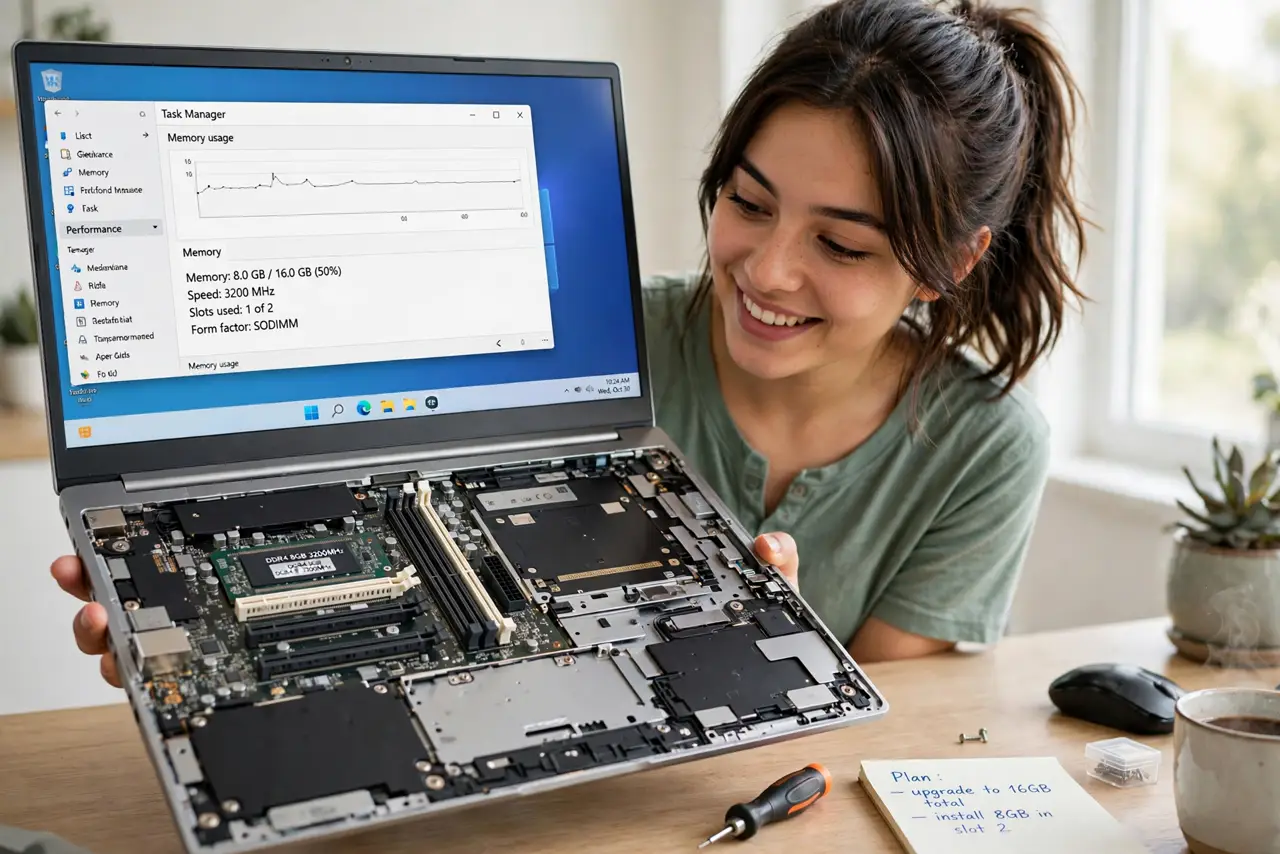 A person holding a real laptop with its bottom panel removed, looking at the RAM slots inside with a small screwdriver nearby, the person's face hopeful, bright desk.