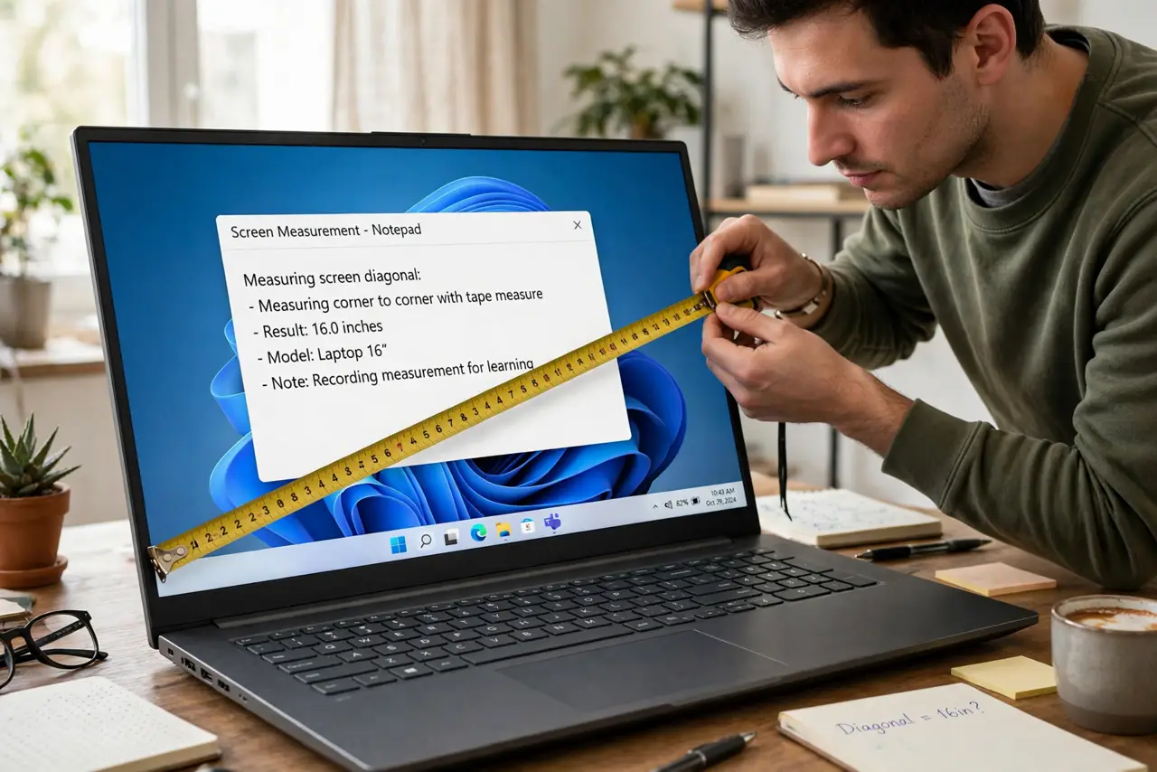 Photoreal photo of a person performing the first step: Know what the inches measure. The size is the screen diagonal, corner to corner — not the laptop's footprint. A modern 14-inch laptop can be smaller o...