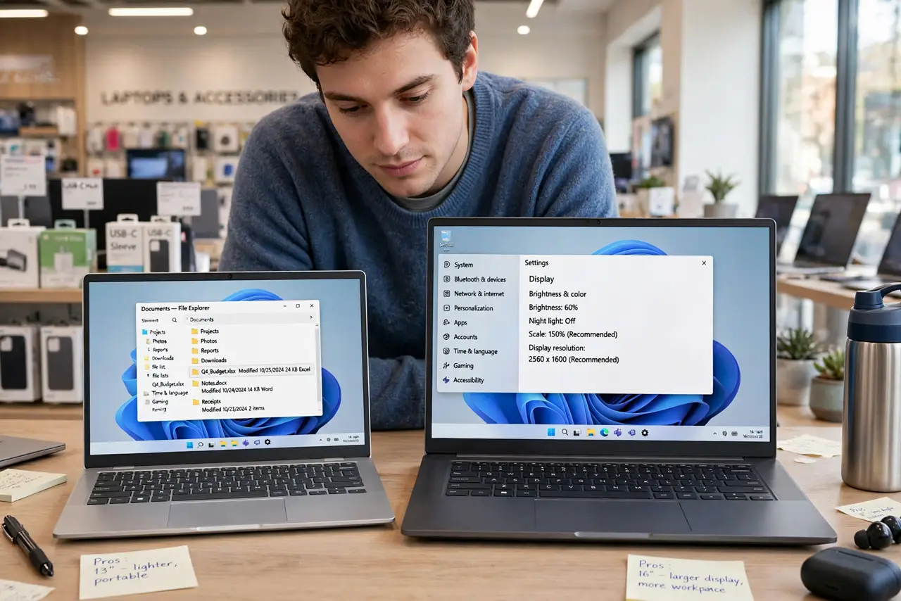 Photoreal photo: a person comparing two real laptops side by side on a desk, one 13-inch and one 16-inch, both showing desktops with legible text, the person's face thoughtful, bright store-like lighting. No black screen