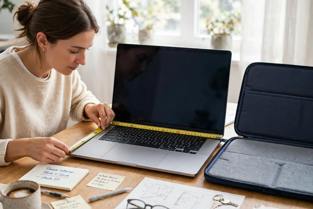 Photoreal photo of a person performing the first step: Buy by exact fit, not just screen size. A '15-inch sleeve' can be centimeters off between brand