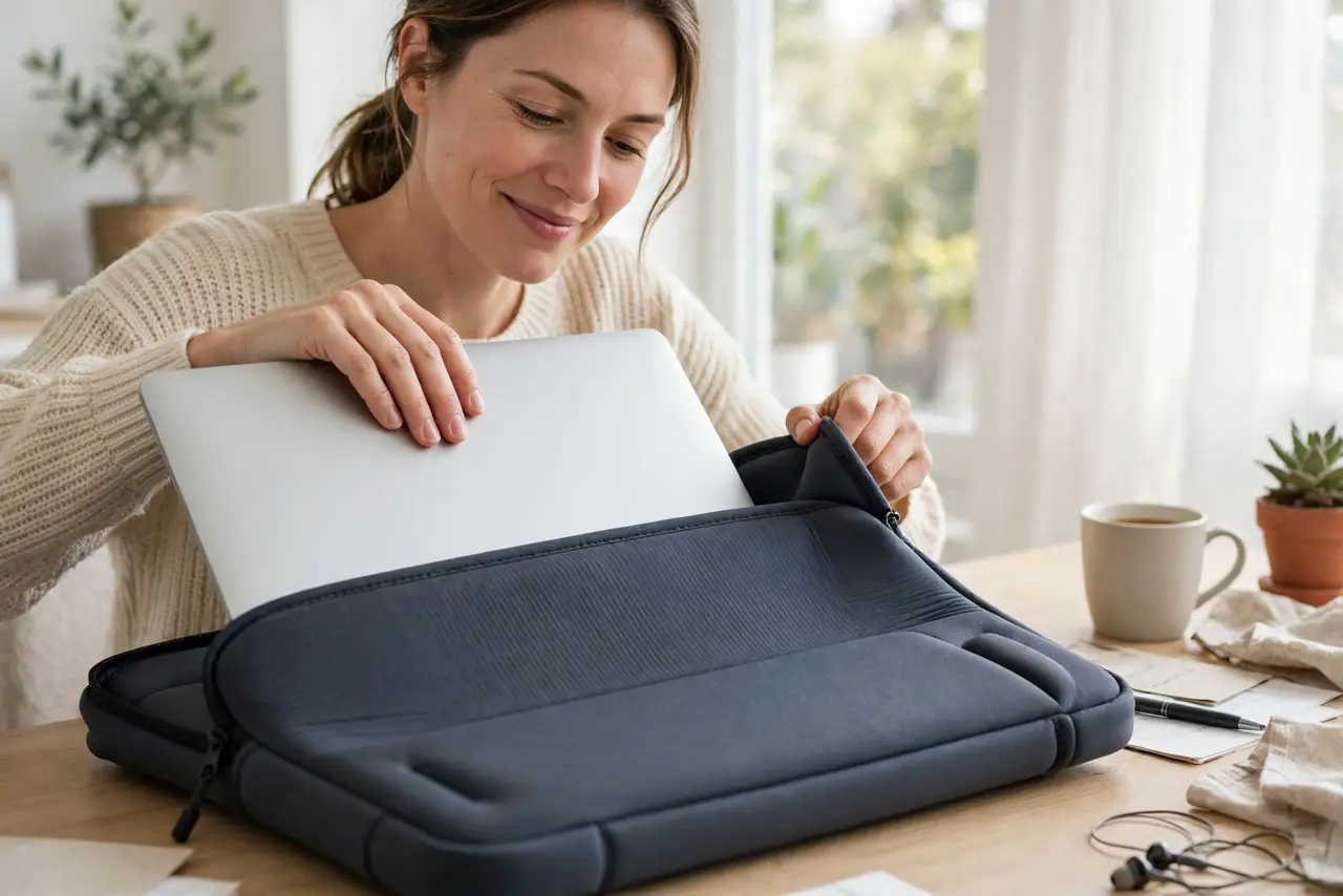Photoreal photo: a person sliding a real laptop into a real padded neoprene sleeve on a desk, the sleeve fitting snugly, the person's face satisfied, bright room. No black screen, no blank white screen, no fake or garbled screen text.