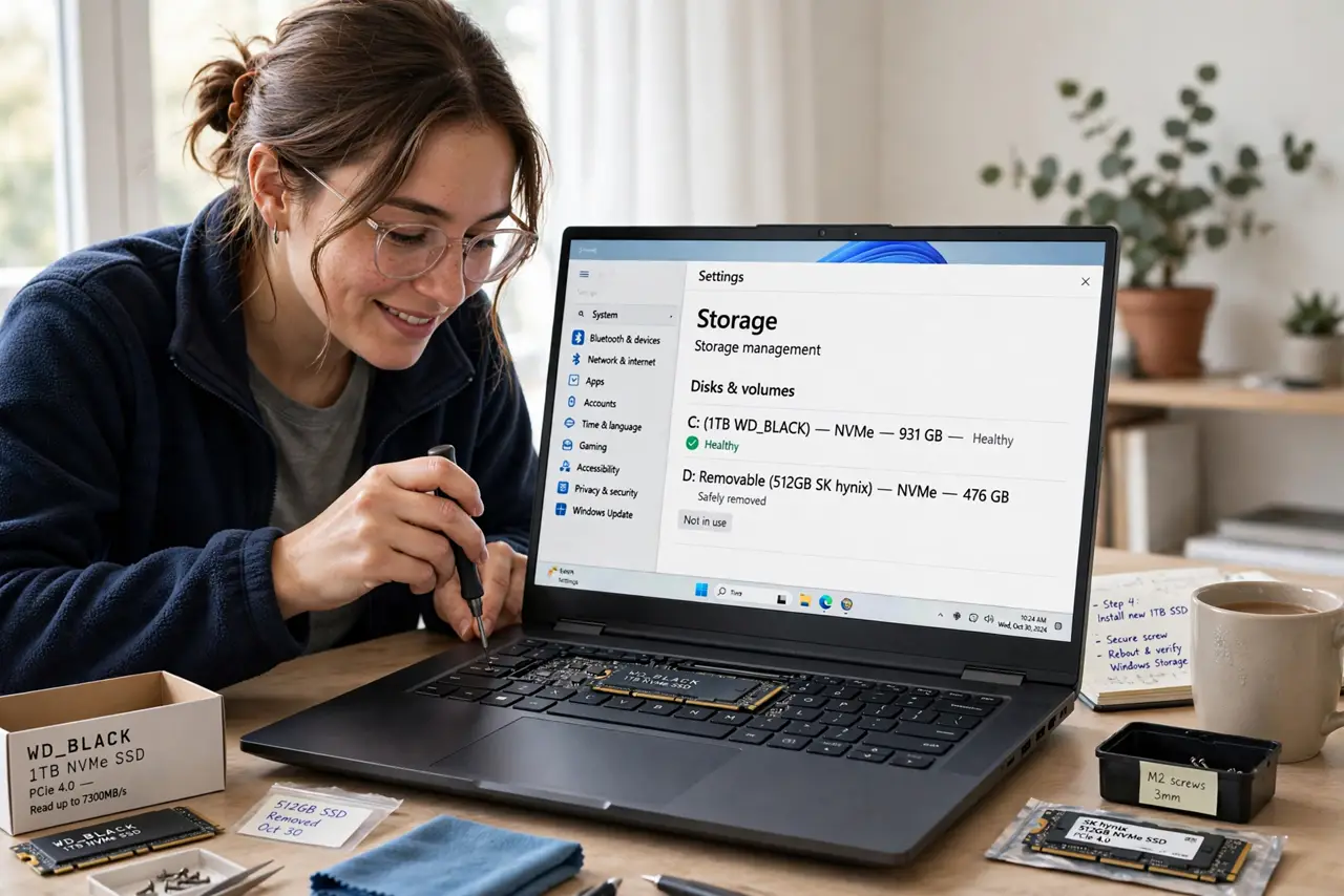 A person installing a real M.2 SSD into an open laptop, small screwdriver in hand, the old drive beside them on the desk, the person's face focused and optimistic, bright room.