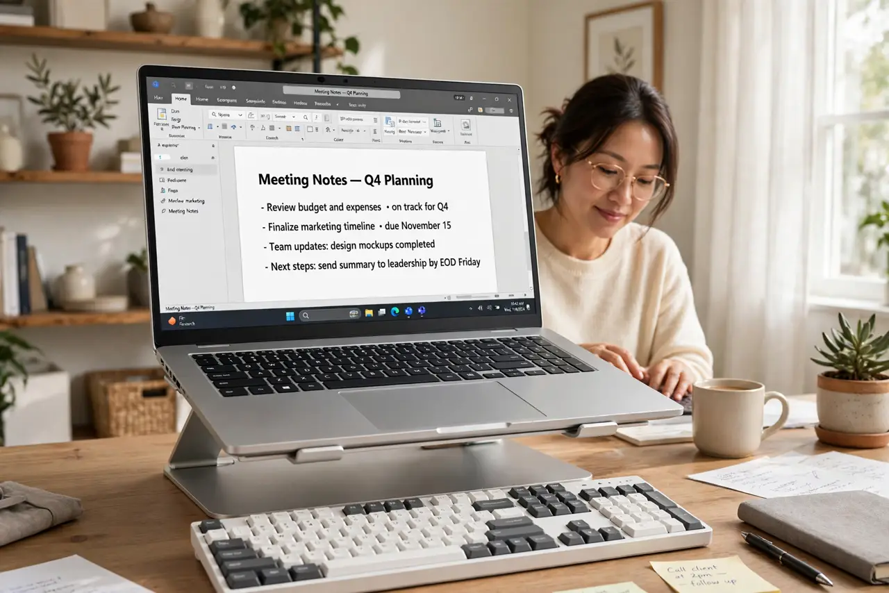 A person typing on a real laptop raised on a real aluminum laptop stand at a desk, an external keyboard in front, the person's posture upright, the person's…