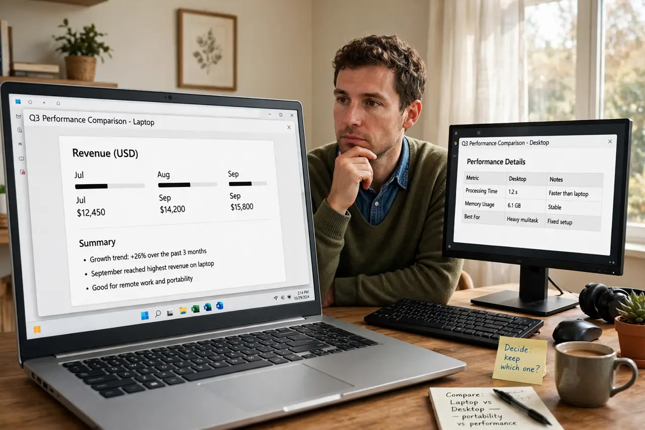 A person comparing a real laptop and a real desktop setup side by side on a desk, both screens legibly on, the person's face thoughtful, home office.