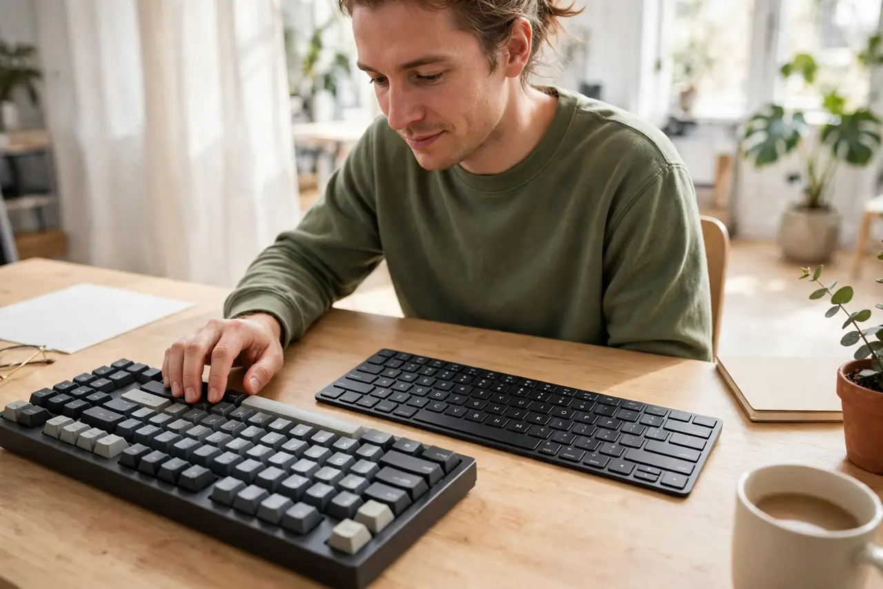 A person typing on a real mechanical keyboard with visible keycaps beside a slim membrane keyboard on the same desk, the person's face focused and comfortable, bright room.