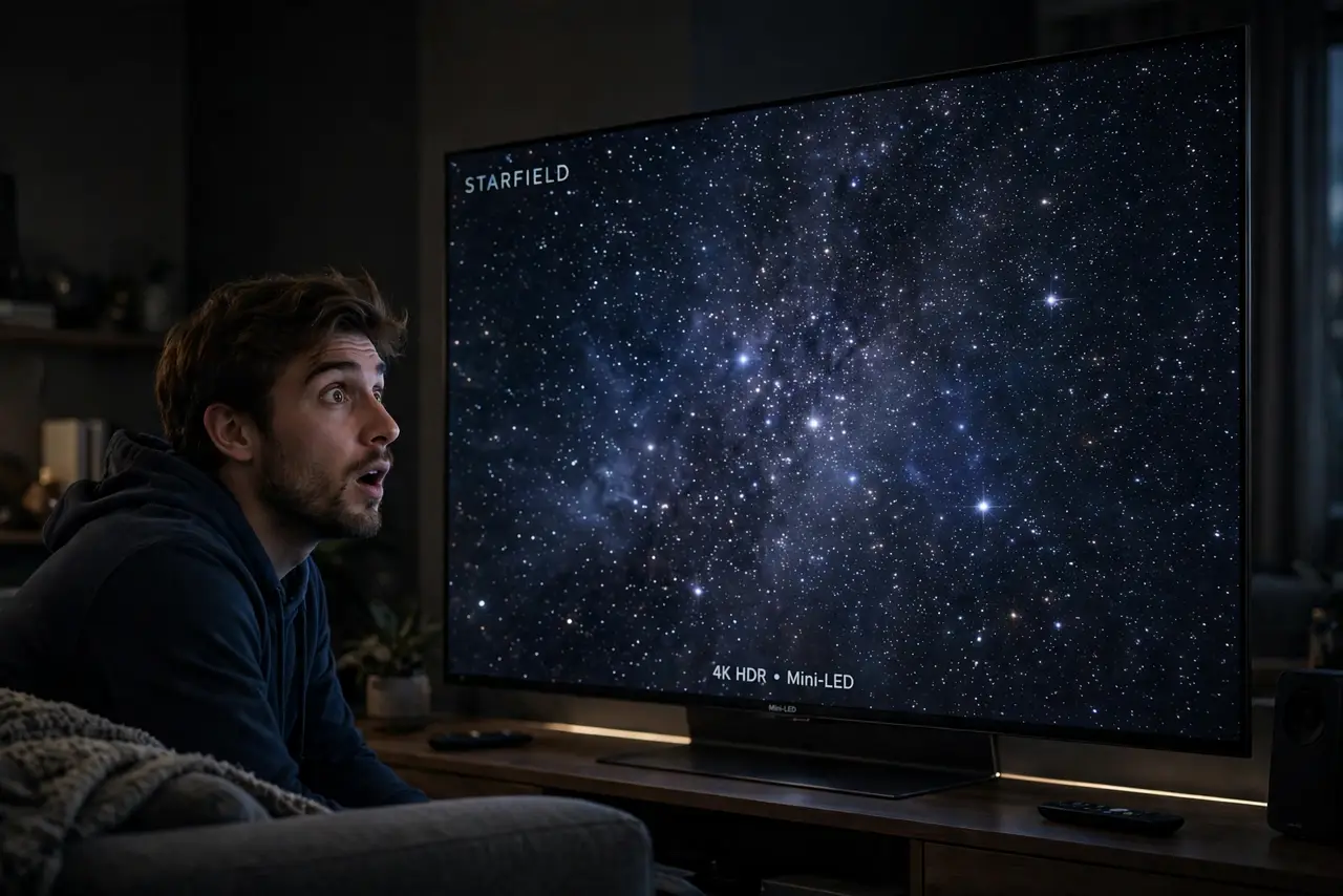 A person watching a real Mini-LED TV showing a starfield space scene with bright stars on deep black, the person's face impressed, dim living room.