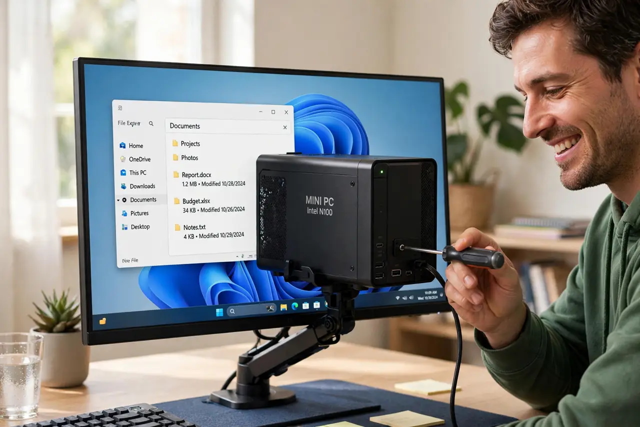 A person mounting a small real mini PC behind a real monitor on a desk, the screen showing a desktop with legible windows, only one cable visible, the person's…