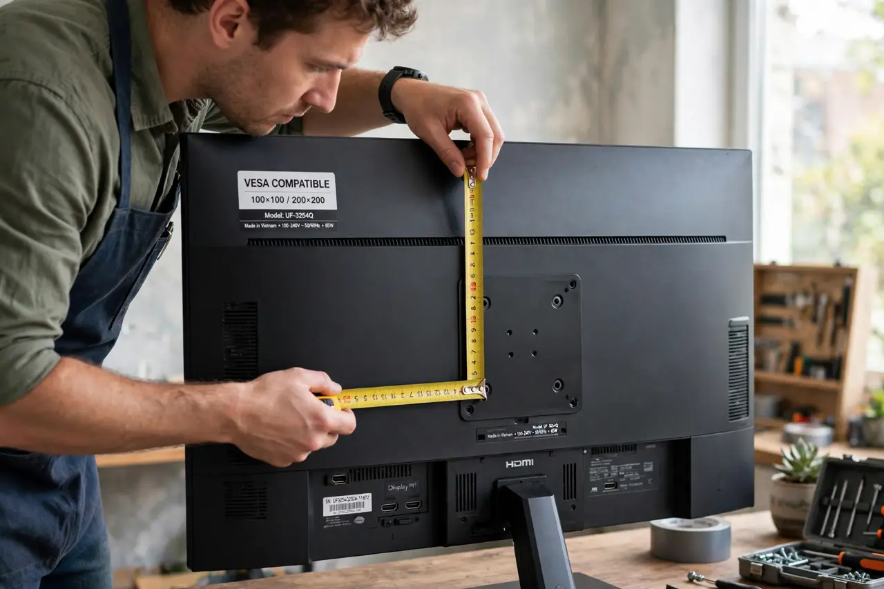 A person carrying out step one: check vesa compatibility.