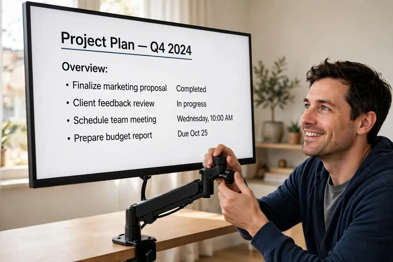 A person adjusting a real monitor mounted on a black monitor arm, the screen showing a document with legible text, desk surface clear underneath, the person's…