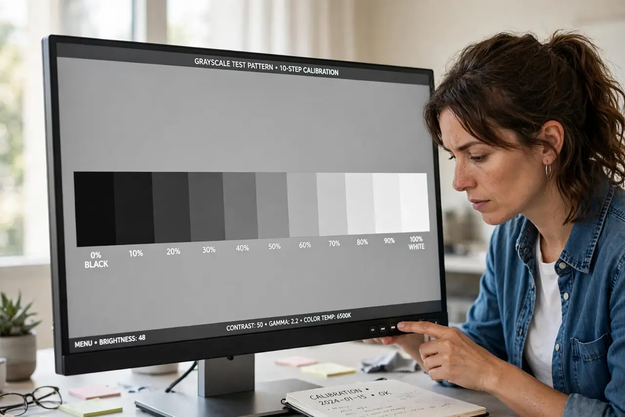 A person adjusting settings on a real monitor showing a grayscale test pattern with legible steps from black to white, the person's face concentrated, neutral…