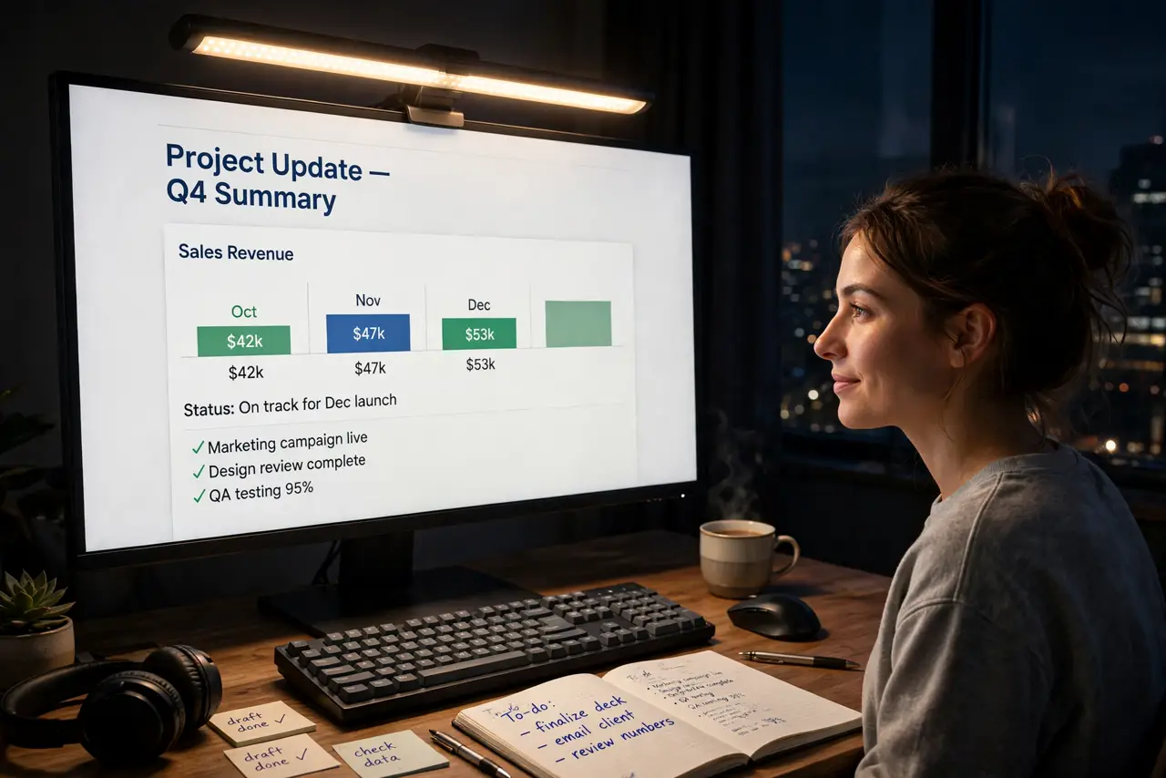 A person working at a desk at night with a real monitor light bar glowing on top of a real monitor, the desk softly lit, the person's face calm and…