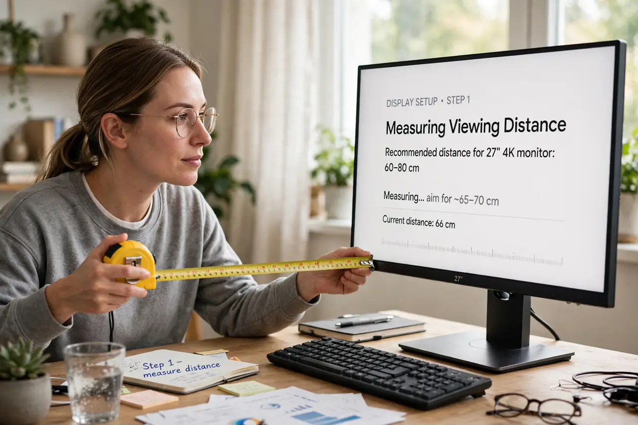 A person carrying out step one: measure your viewing distance.