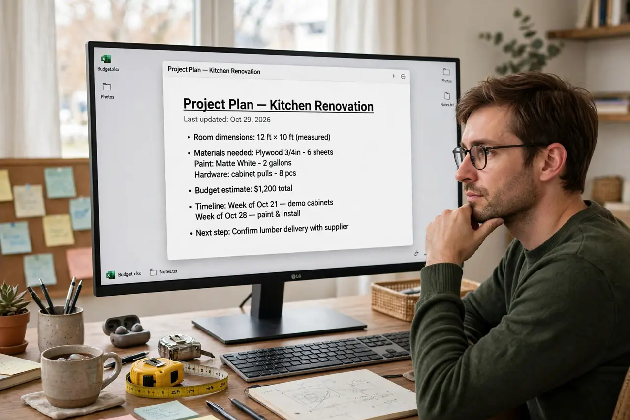 A person sitting at a desk in front of a real 27-inch monitor showing a desktop with legible text, a tape measure on the desk, the person's face thoughtful,…