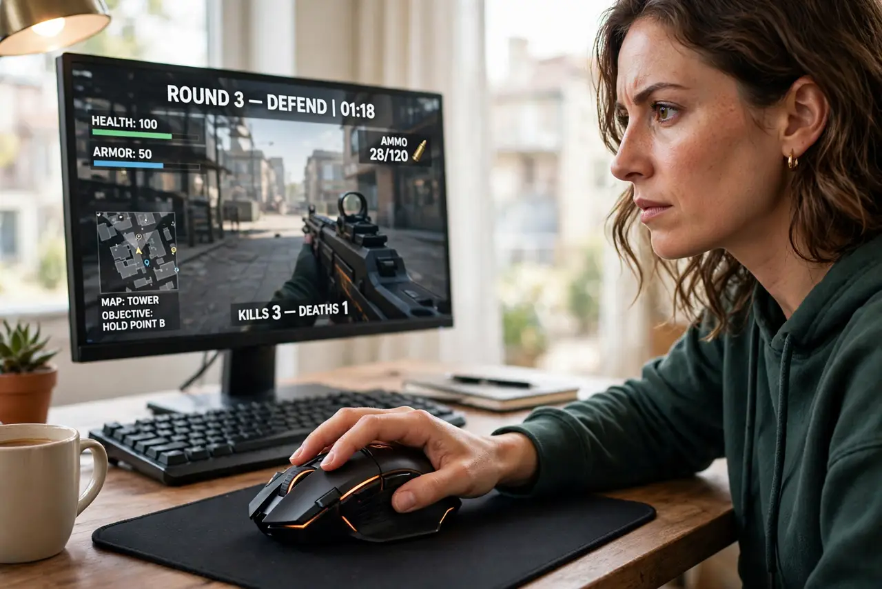 A person using a real gaming mouse on a real mousepad next to a real monitor showing a game with legible HUD, the person's face concentrated, desk setup with…