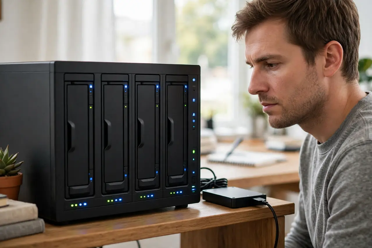 A person looking at a small real NAS box with visible drive bays and status lights on a home office shelf, a real external hard drive beside it for comparison, the person's face thoughtful.