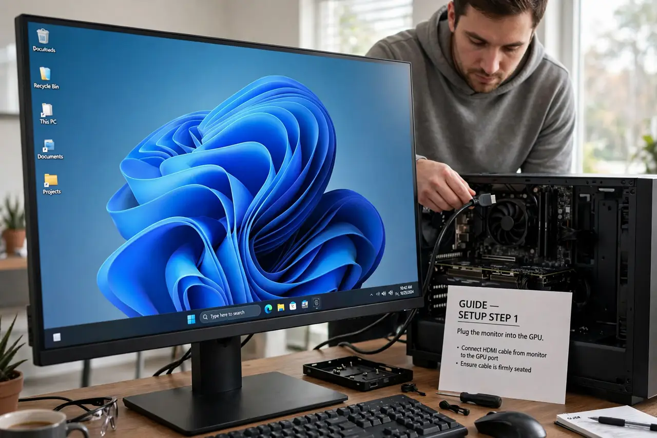 A person doing the guide's first step: Plug the monitor into the GPU.