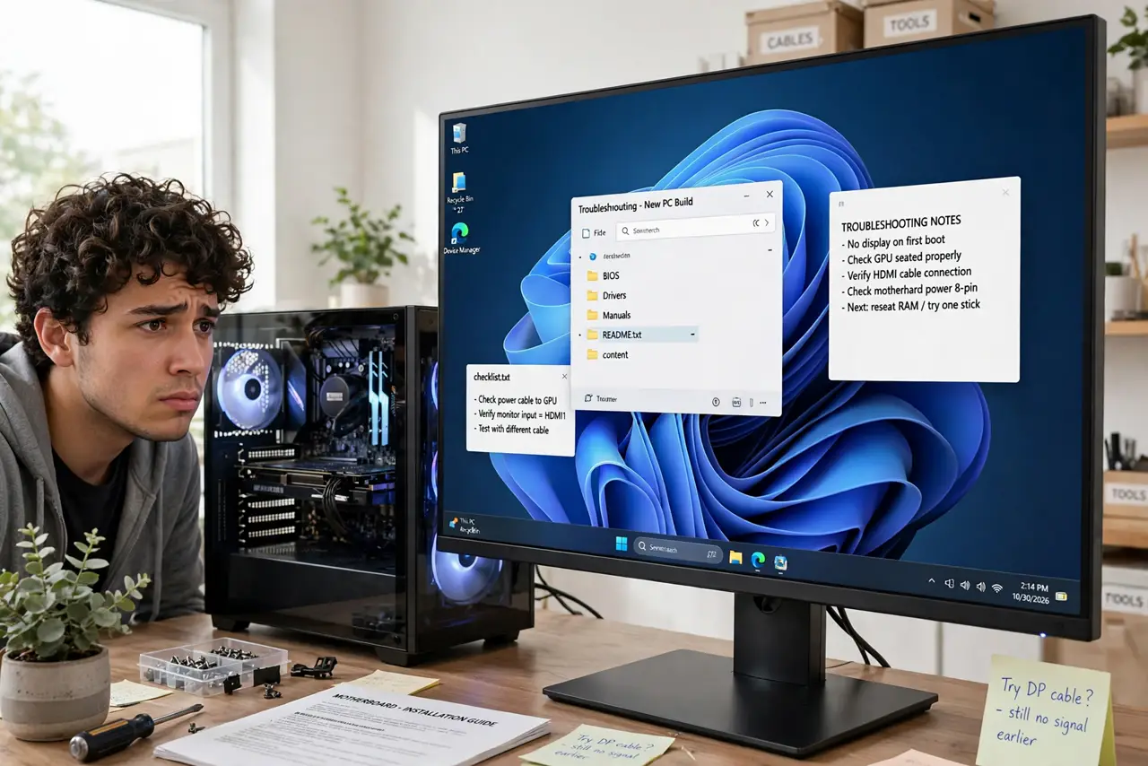 A person looking at a real monitor showing no signal with a newly built PC beside it, the person's face worried but determined, bright room.
