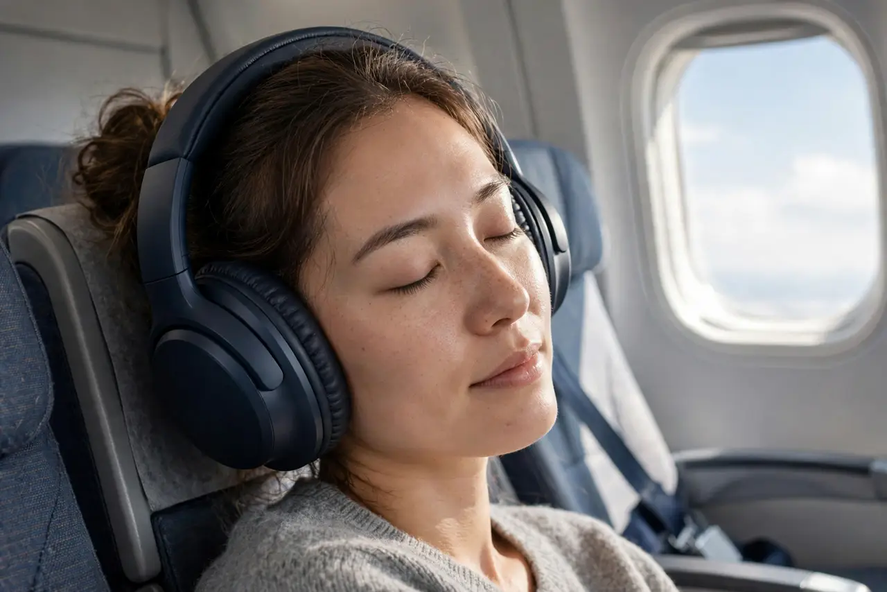 A person wearing real over-ear noise-cancelling headphones on an airplane seat, eyes closed and relaxed, cabin around them, the person's face peaceful.