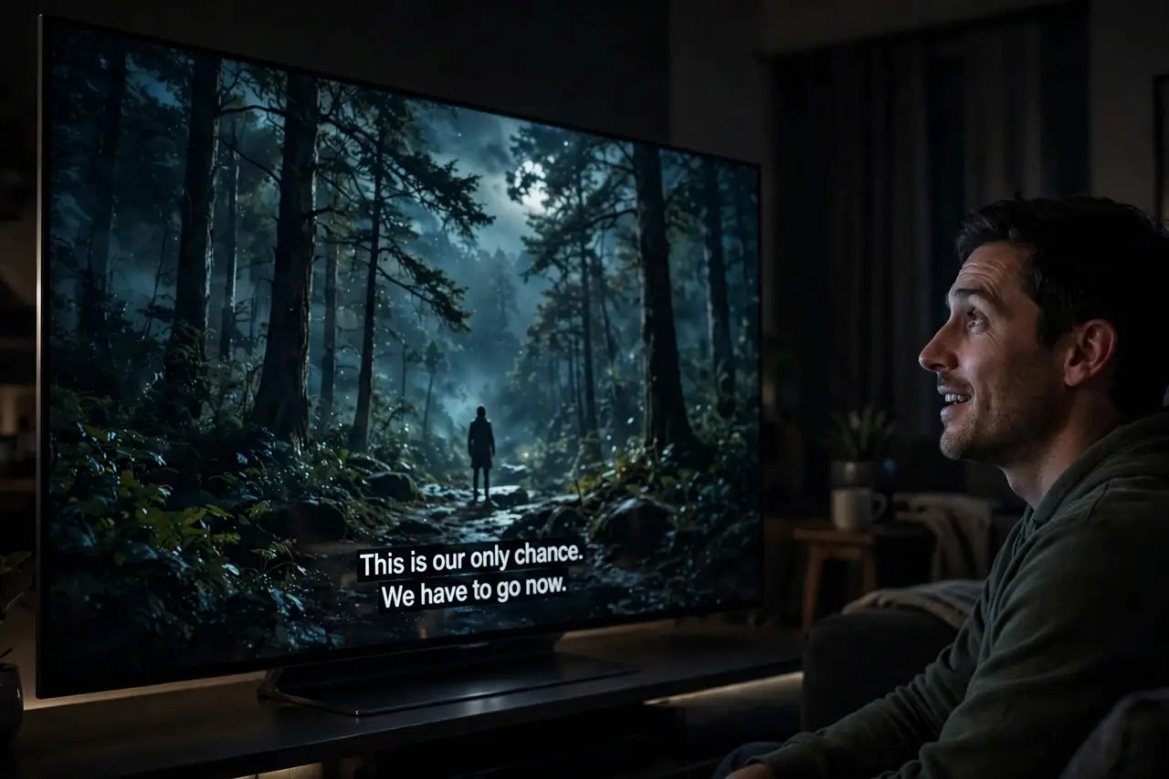 A person watching a real OLED TV showing a vivid movie scene with deep blacks and legible subtitles, the room dim, the person's face relaxed and impressed.