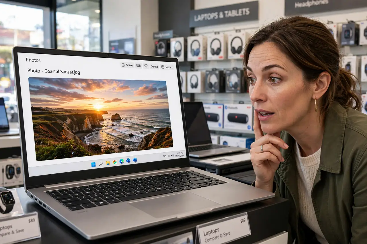 A person looking at a real laptop with a vivid legible display showing a colorful photo, comparing it thoughtfully, the person's face impressed, electronics store.