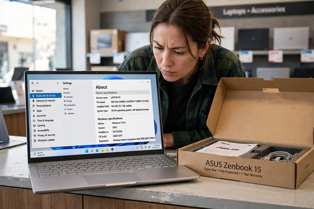 A person inspecting a real open-box laptop at a store counter, checking the screen and keyboard carefully, the box open beside it, the person's face discerning…