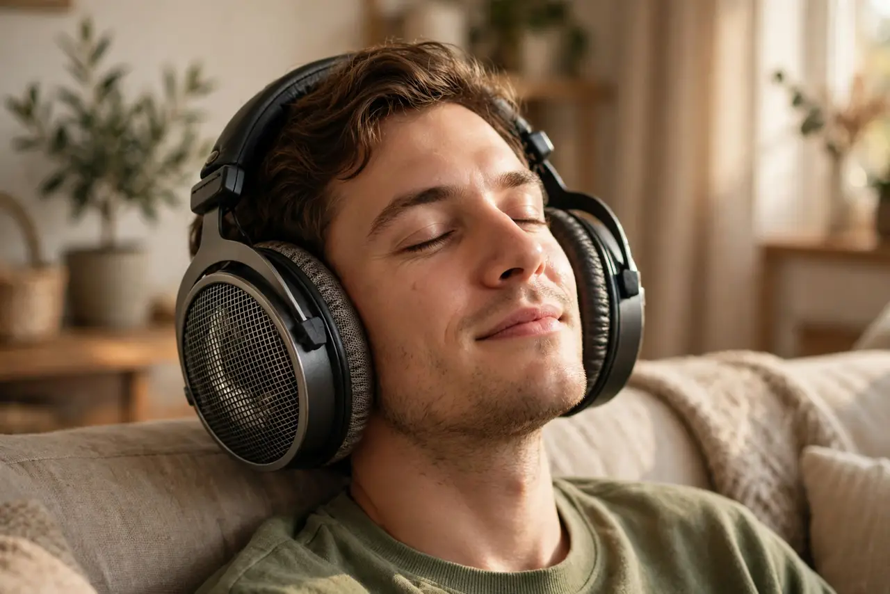 A person wearing real open-back headphones with visible mesh earcups in a quiet living room, eyes closed enjoying music, the person's face serene, warm light.