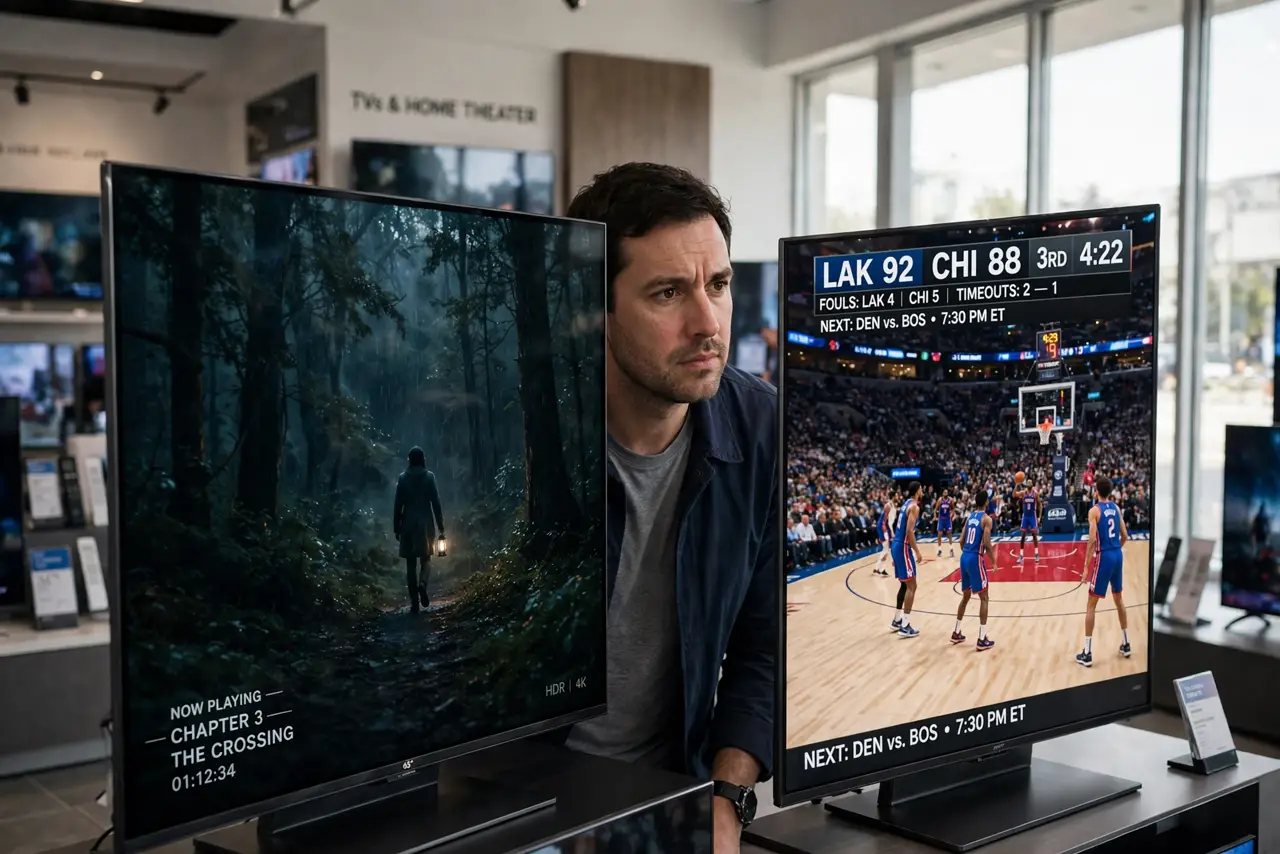 A person comparing two real TVs side by side in a store, one showing a dark movie scene and the other a bright sports scene, both screens legible, the person's…