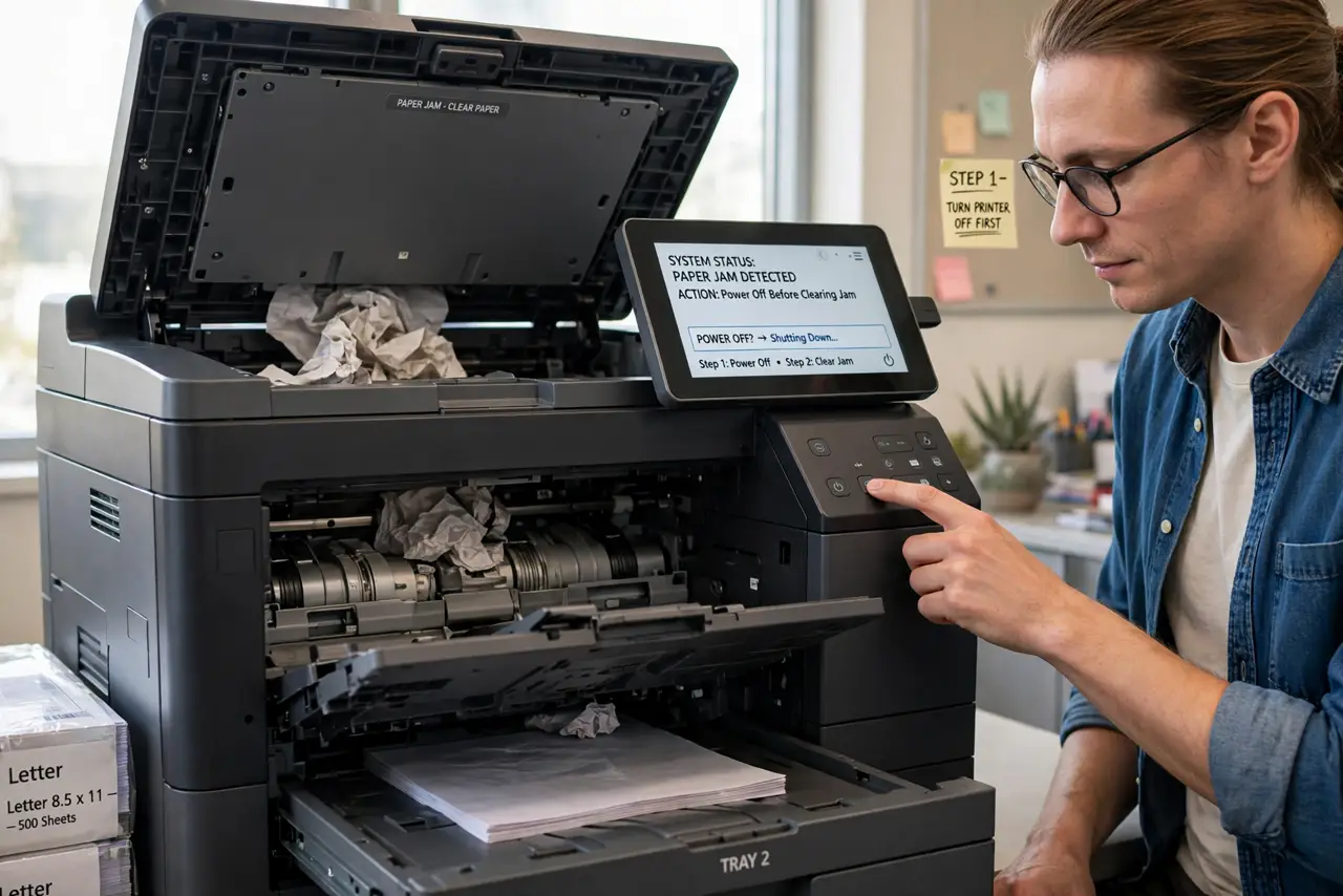 A person carrying out step one: turn the printer off first.