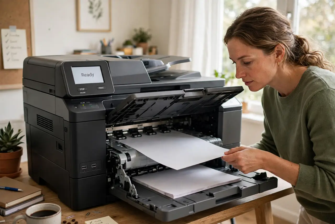 A person carefully pulling a real sheet of paper from a real open printer with the paper path visible, the person's face patient and careful, home office.