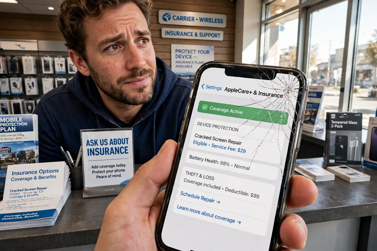 A person with a real cracked-screen phone at a real carrier store counter discussing insurance options, the person's face rueful but hopeful.