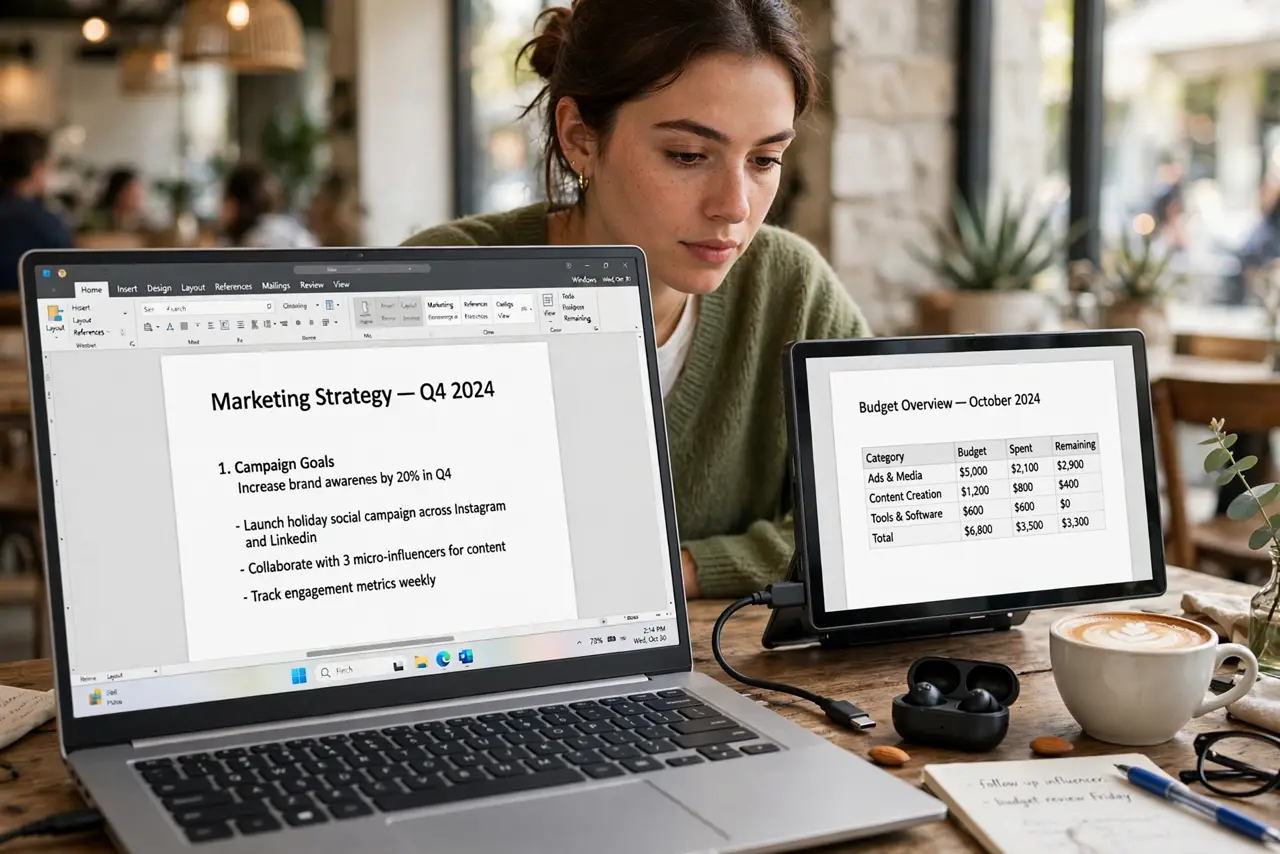 A person working at a cafe table with a real laptop and a real slim portable monitor beside it, both screens showing legible documents, a USB-C cable connecting them, the person's face focused and pro