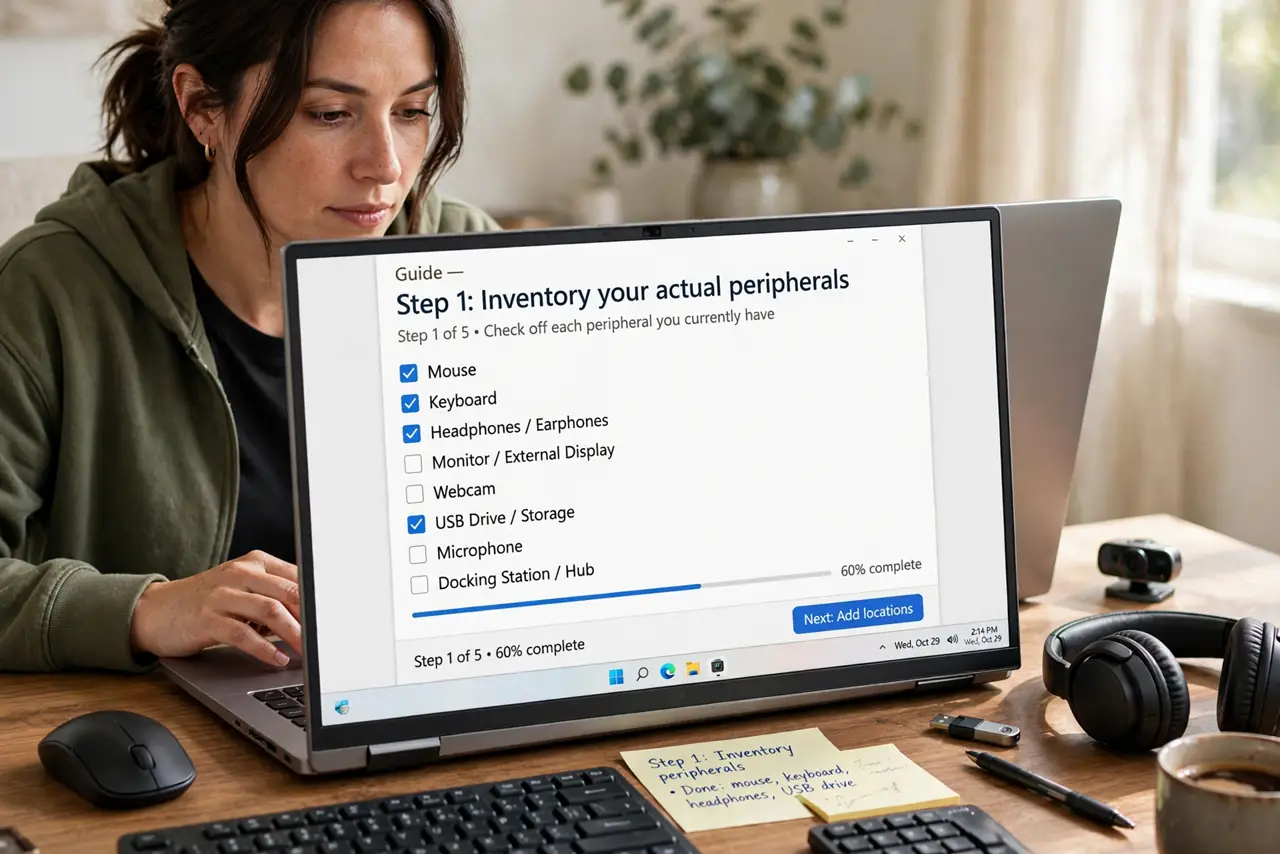 A person doing the guide's first step: Inventory your actual peripherals.