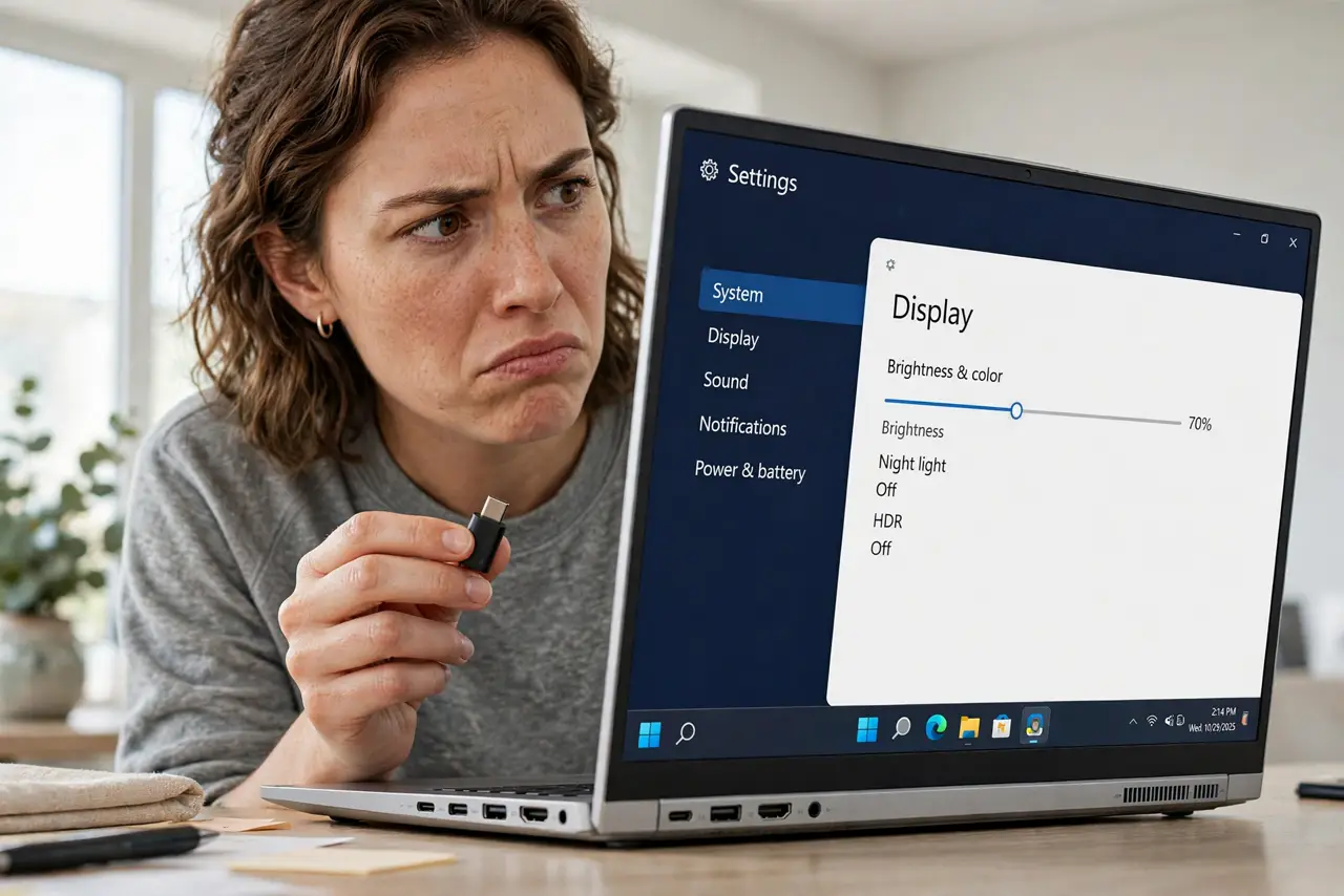 A person looking at the side of a real thin laptop showing its visible ports, holding a small USB-C dongle in the other hand, the person's face mildly annoyed, bright room.