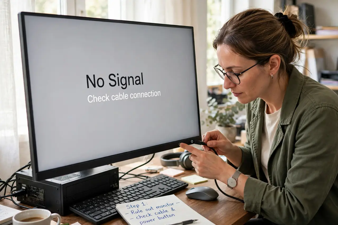 A person carrying out step one: rule out the monitor first.