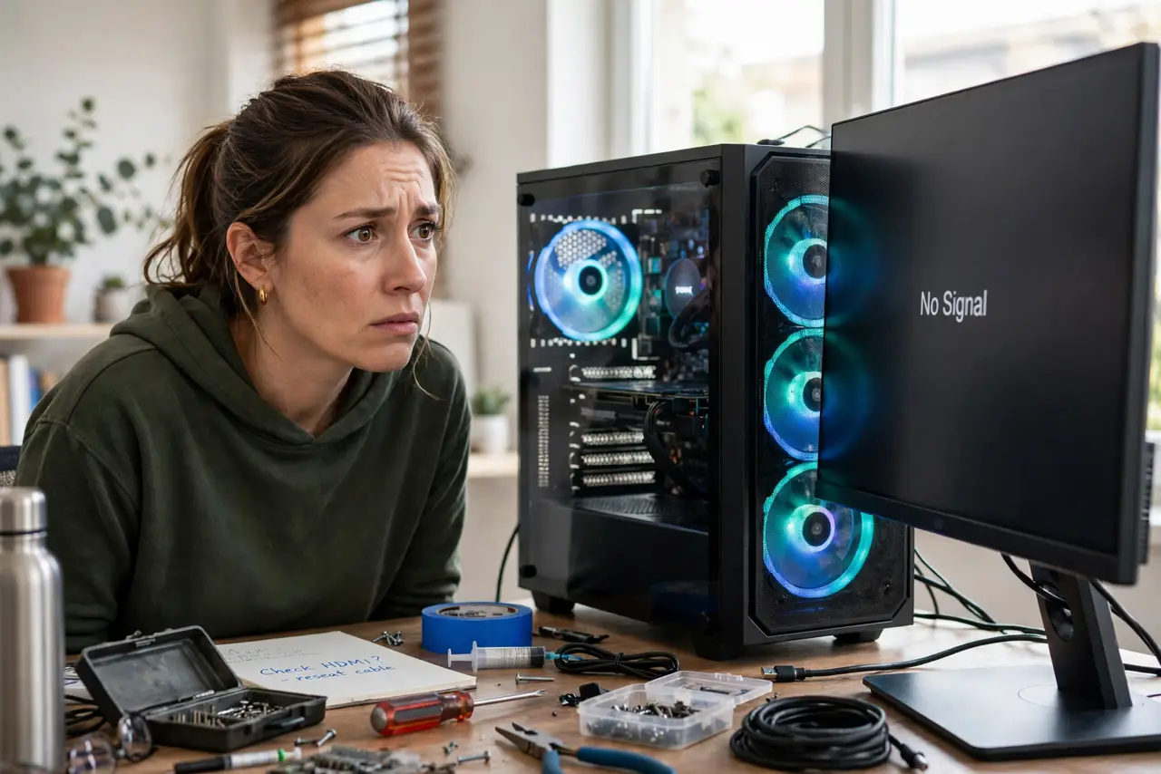 A concerned person looking at a real desktop PC with fans spinning but a dark monitor showing no signal, the person's face worried, desk with tools nearby.