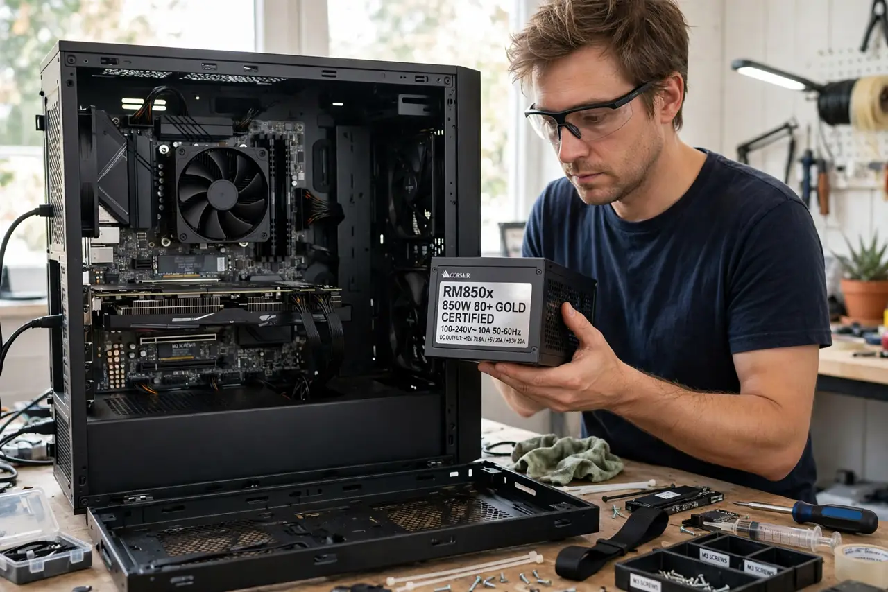 A person building a real PC with the case open, holding a real power supply unit with its wattage label legible, components visible inside, the person's face…