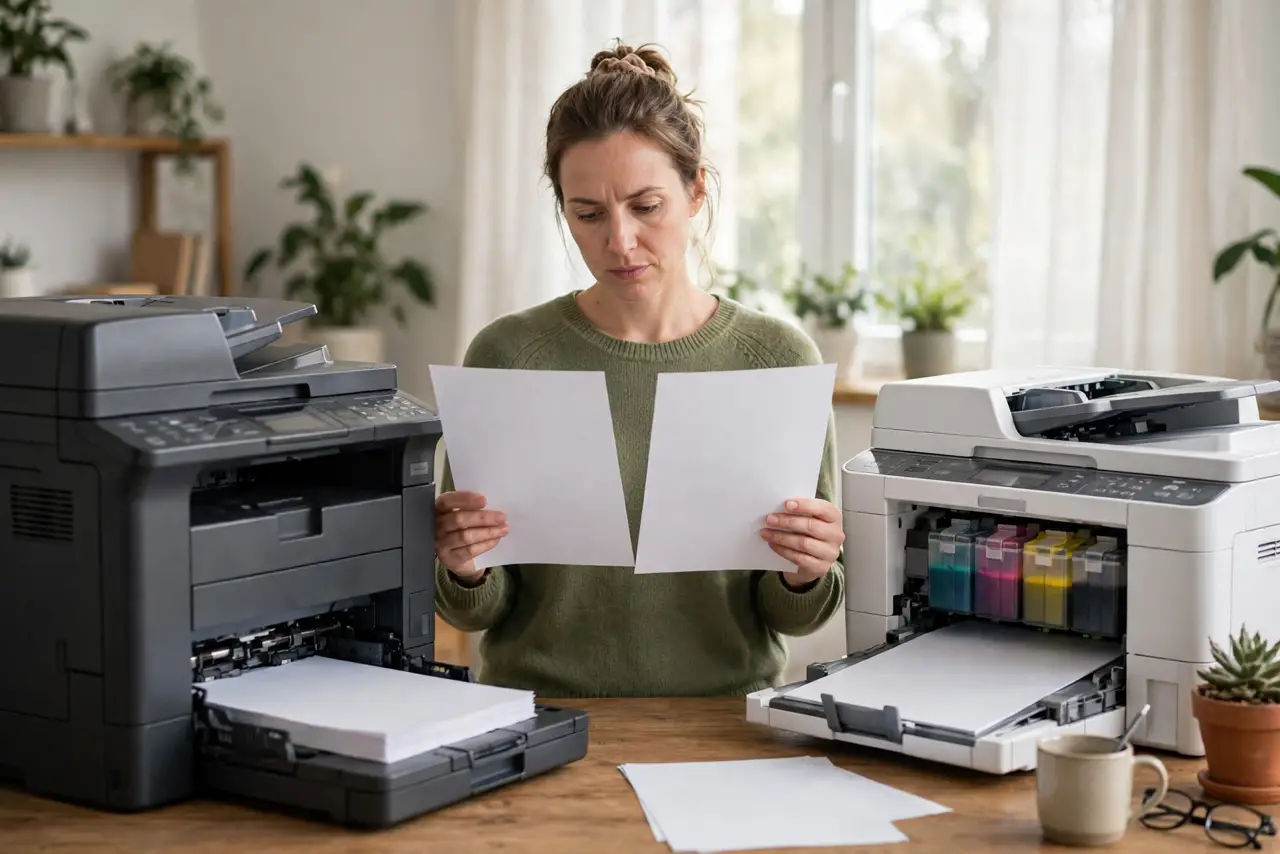 A person standing between a real laser printer and a real inkjet printer on a desk, comparing printed pages in hand, the person's face thoughtful, home office.