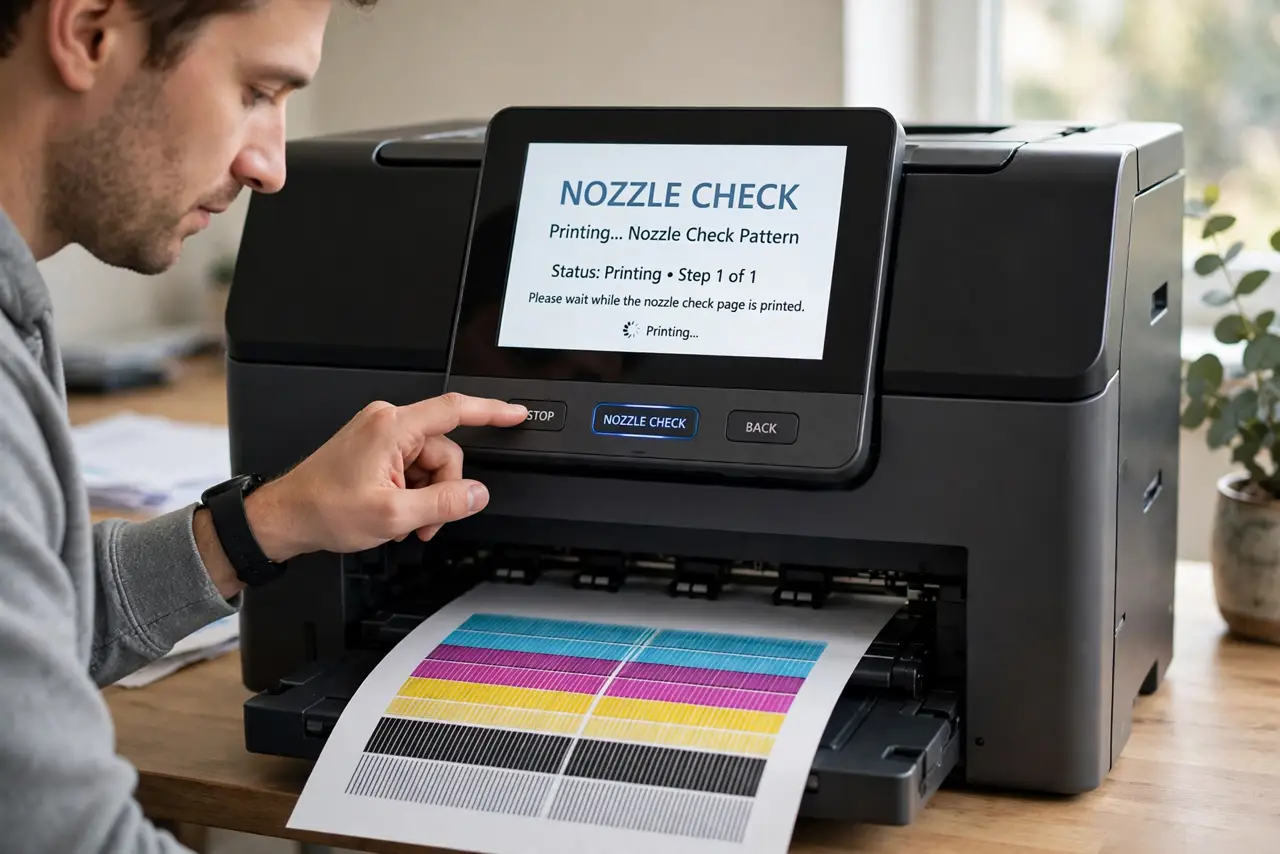 A person carrying out step one: print a nozzle check first.