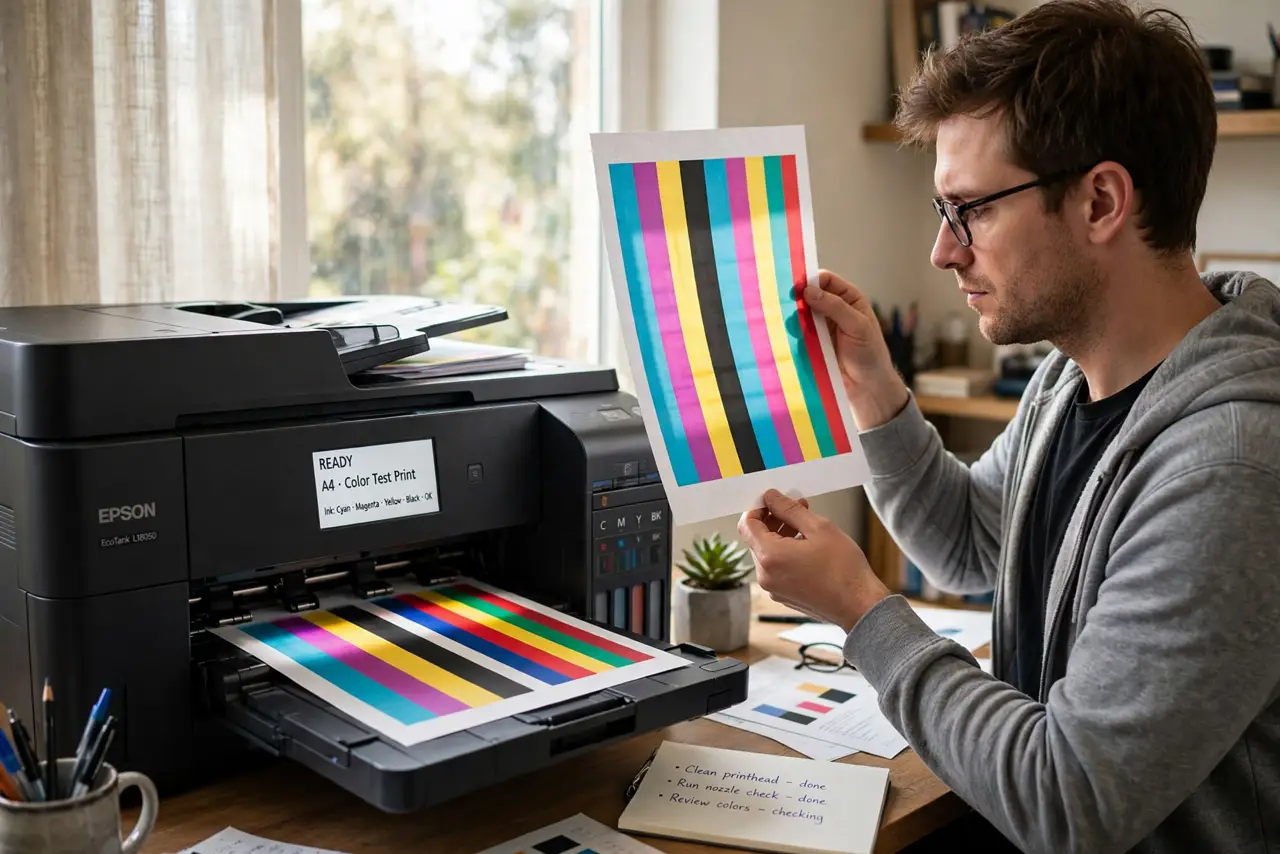 A person standing by a real inkjet printer examining a real test print page showing striped colors held up to the light, the person's face concentrated, home…