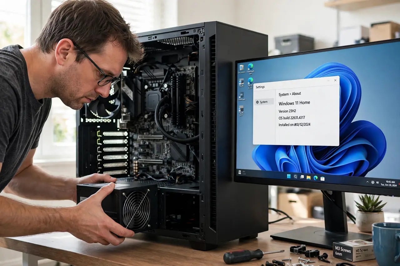 A person installing a real power supply into the bottom of a PC case, the fan grille visible, the person's face focused, bright room.