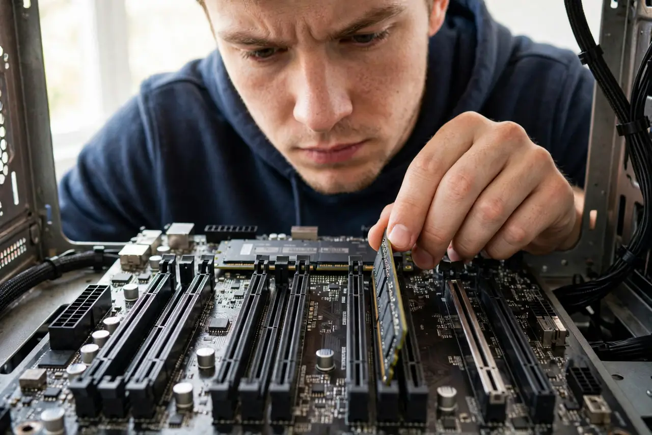 A person installing a real RAM stick into a motherboard with four slots, two slots already marked, the person's face focused, close-up bright shot.