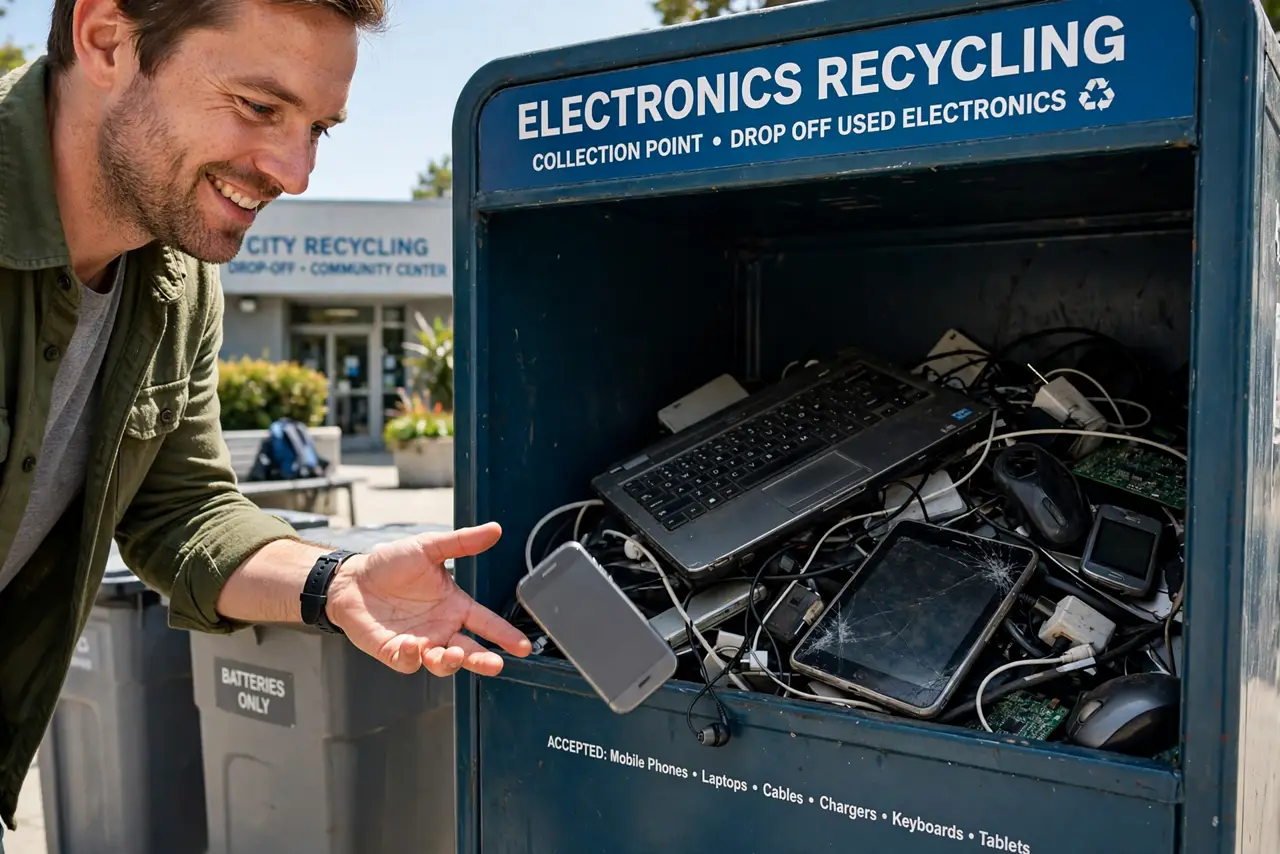 A man dropping an old phone into an electronics recycling bin at a collection point, other devices visible in the bin, his face satisfied, daytime.