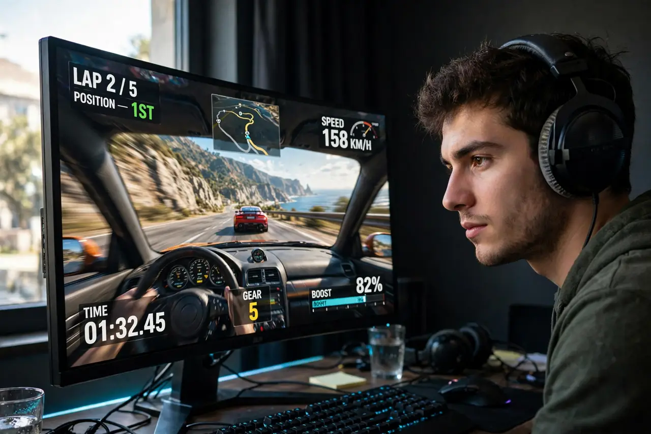 A person gaming on a real monitor showing a fast racing game with legible HUD elements, motion smooth on screen, the person's face engaged and focused, dim…